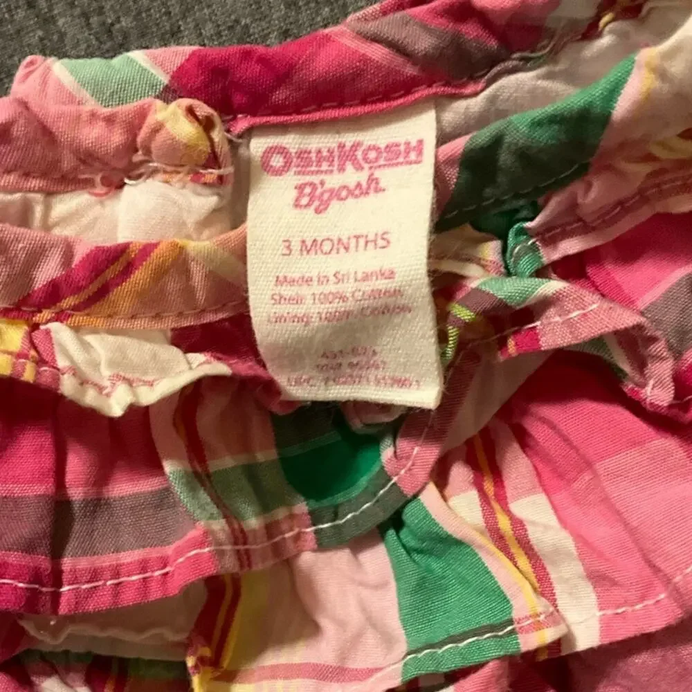 OshKosh B'gosh Girls 0-3 Months 2Pc Sleevless Dress Set Pink Green Plaid Ruffles